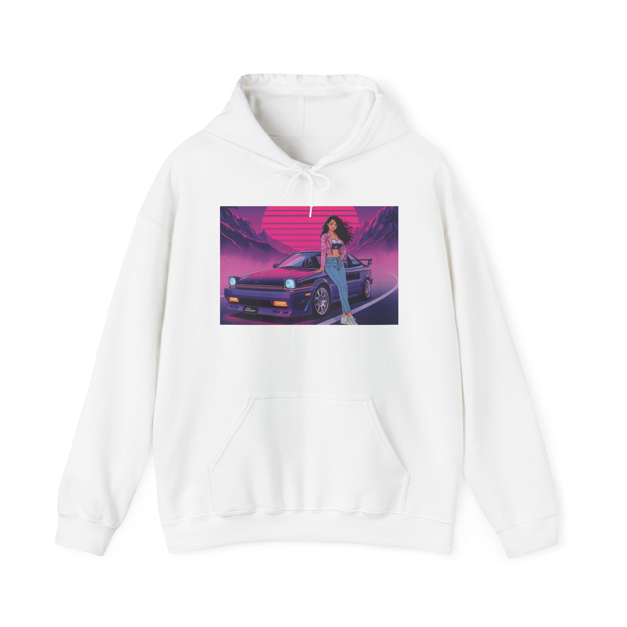 80s Retro Wave JDM Hoodie — Anime Girl Leaning on Car