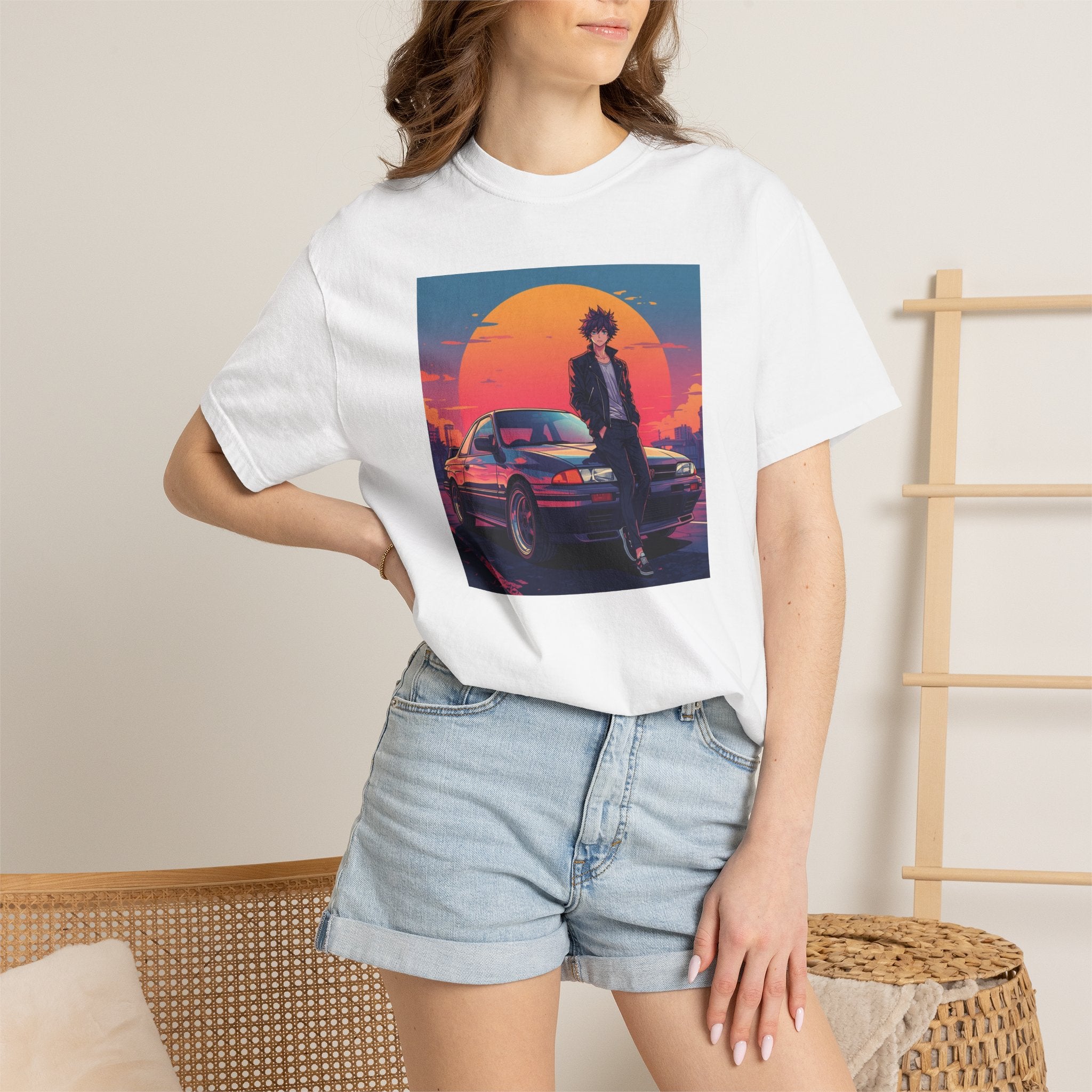 Retro 80s JDM Unisex T-Shirt — Anime Guy Leaning on Car