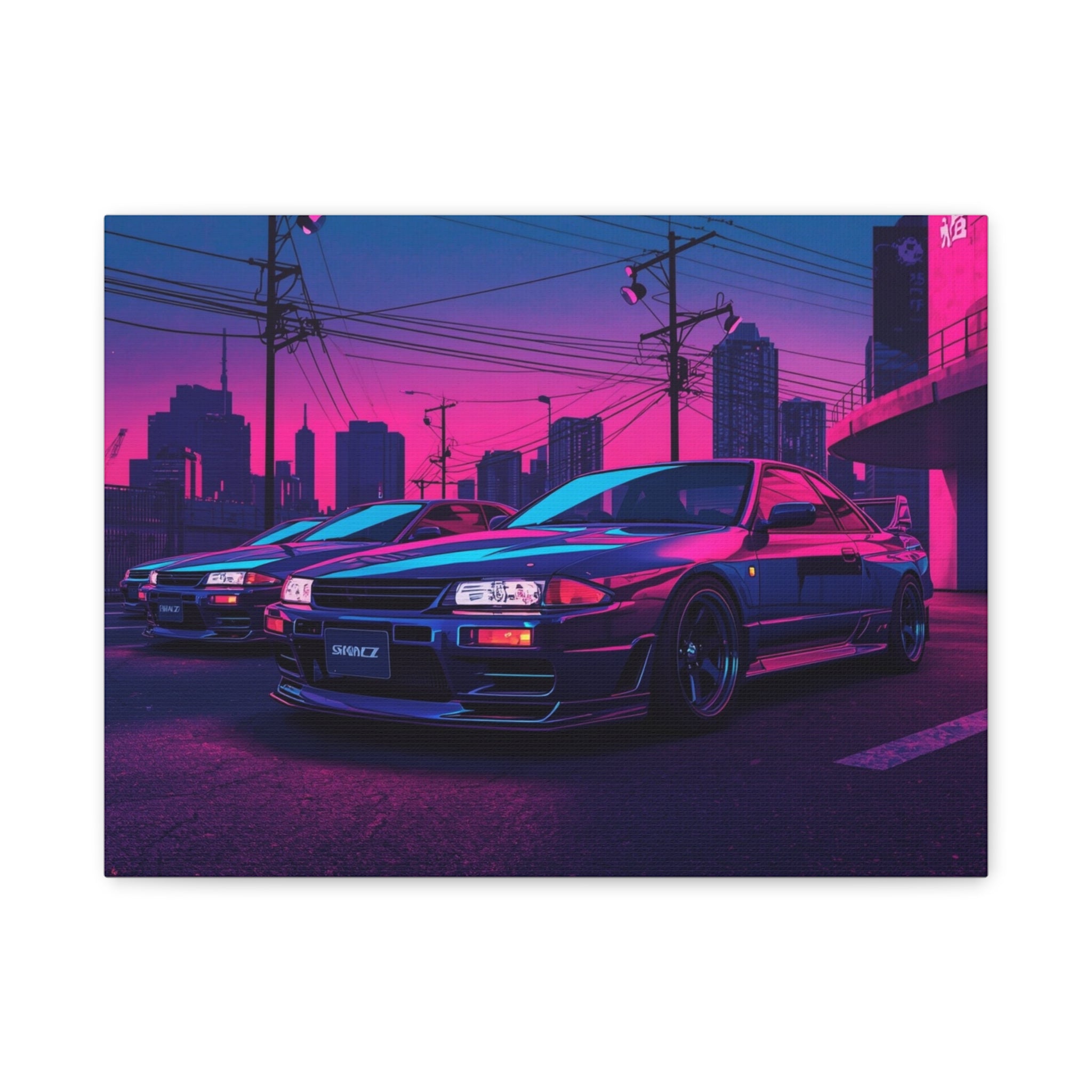 Neon City Skyline Racing Car Matte Canvas Wall Art — Retro Cyberpunk Night Streets