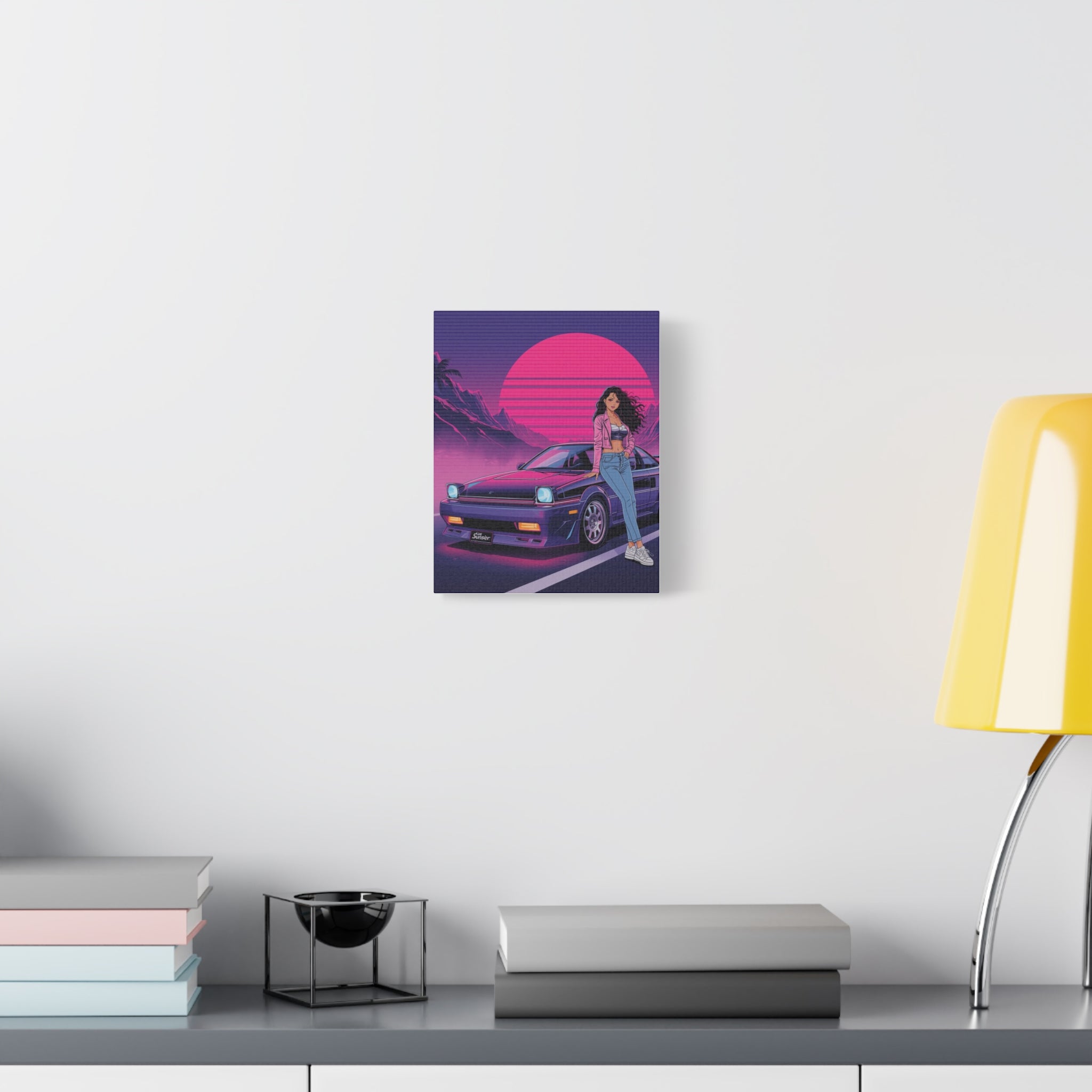 80s Retro Wave JDM Wall Art — Anime Girl Leaning on Car Matte Canvas