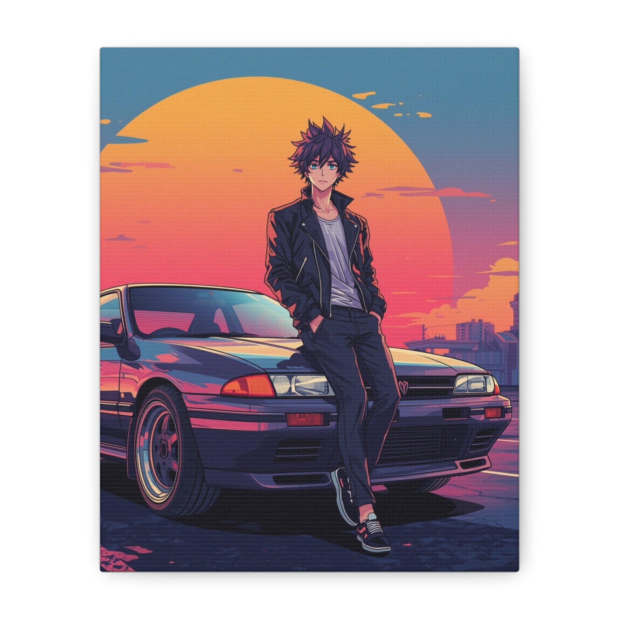 Retro 80s JDM Anime Guy Leaning on Car Matte Canvas Wall Art