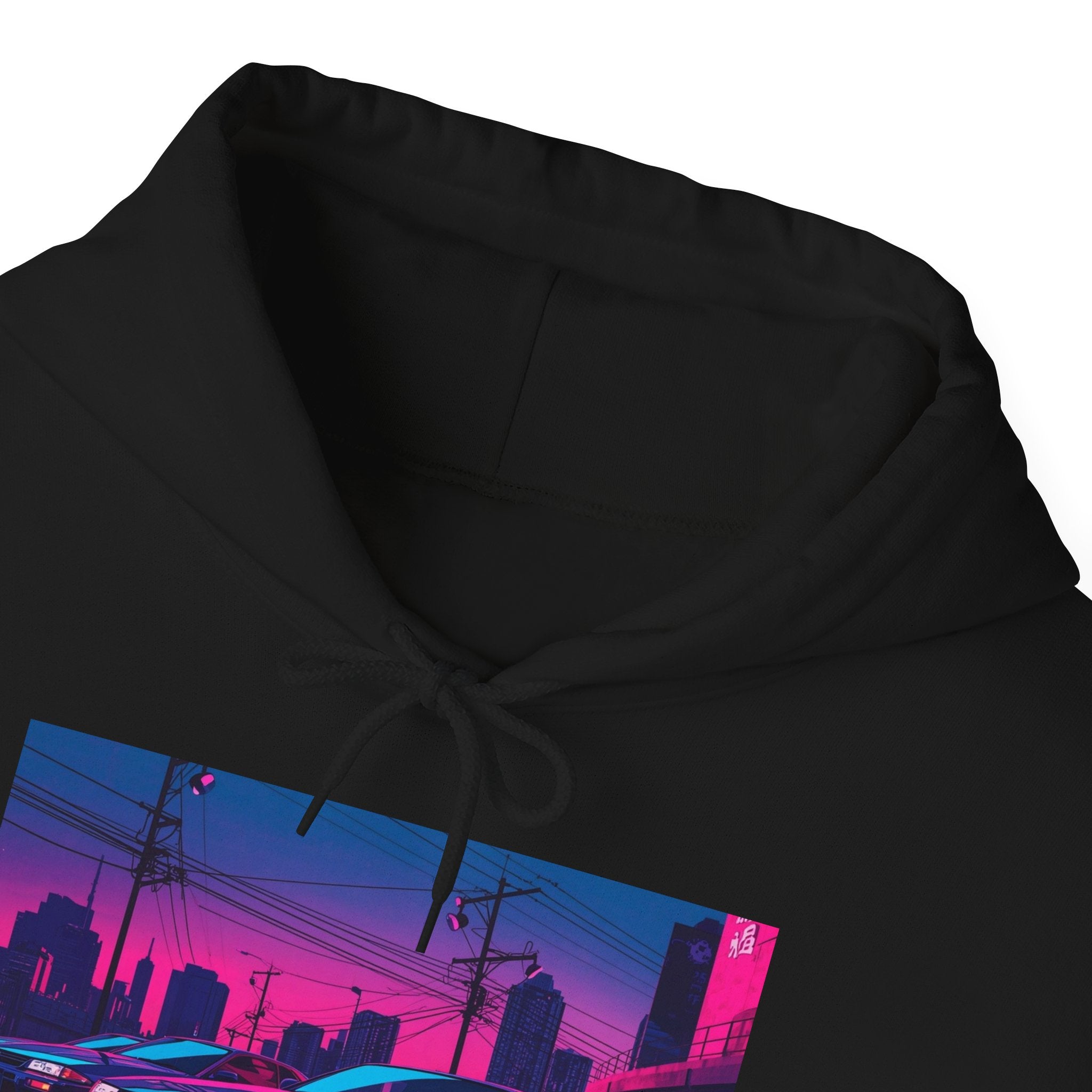 Cyberpunk Neon City Racing Hoodie — Retro Skyline Racing Car Design