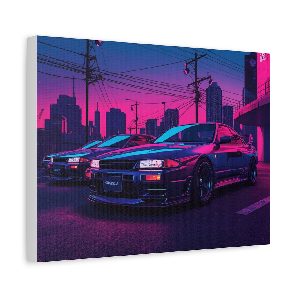 Neon City Skyline Racing Car Matte Canvas Wall Art — Retro Cyberpunk Night Streets
