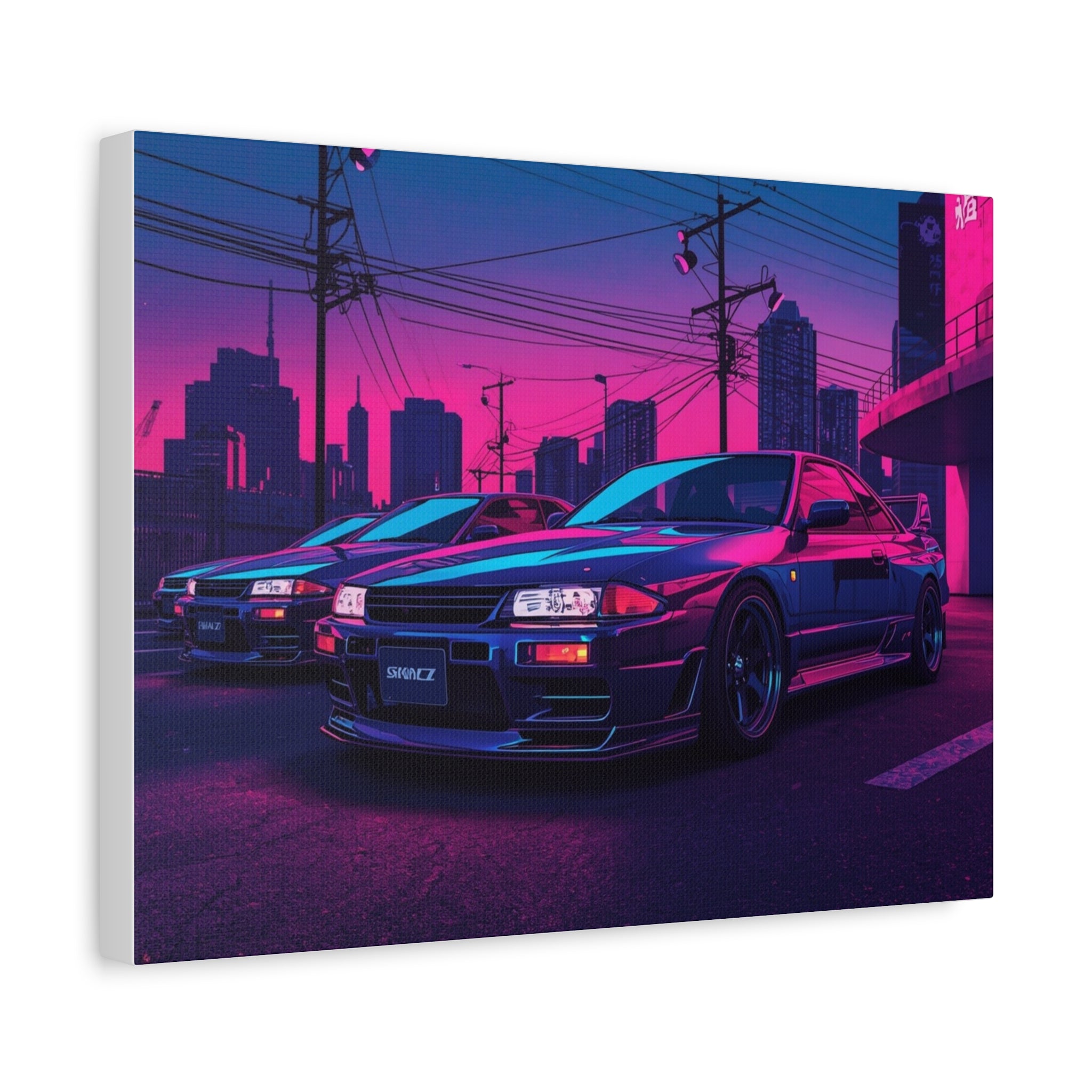Neon City Skyline Racing Car Matte Canvas Wall Art — Retro Cyberpunk Night Streets