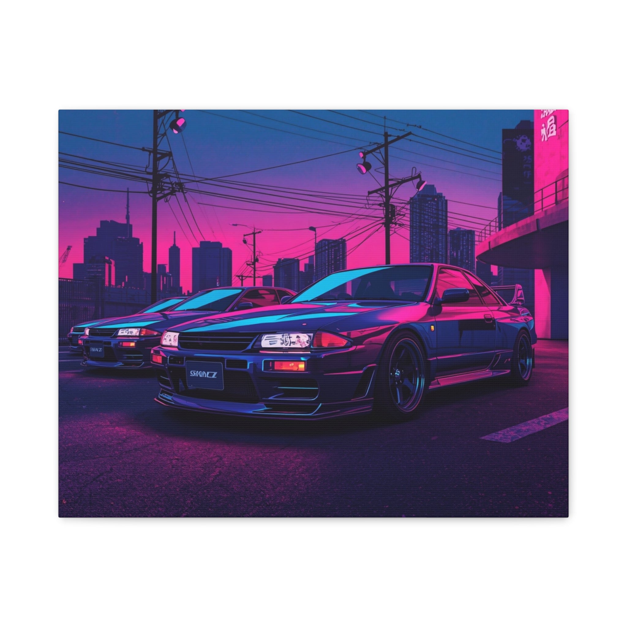 Neon City Skyline Racing Car Matte Canvas Wall Art — Retro Cyberpunk Night Streets