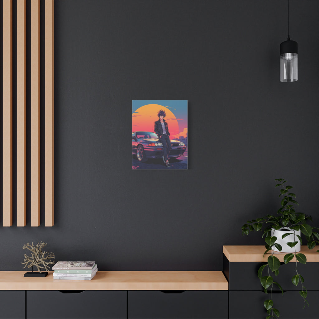 Retro 80s JDM Anime Guy Leaning on Car Matte Canvas Wall Art