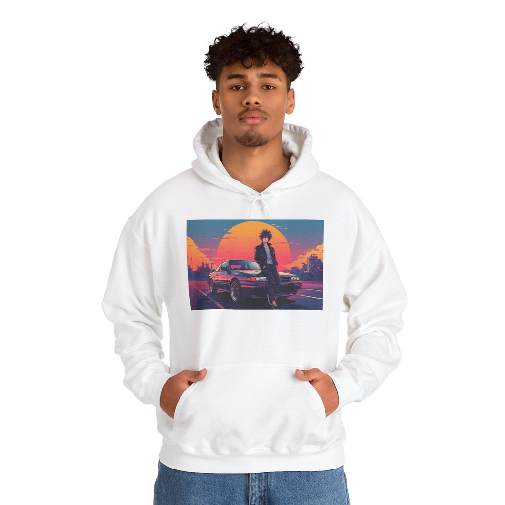 Retro 80s JDM Hoodie — Anime Guy Leaning on Car