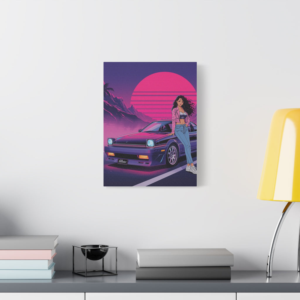80s Retro Wave JDM Wall Art — Anime Girl Leaning on Car Matte Canvas