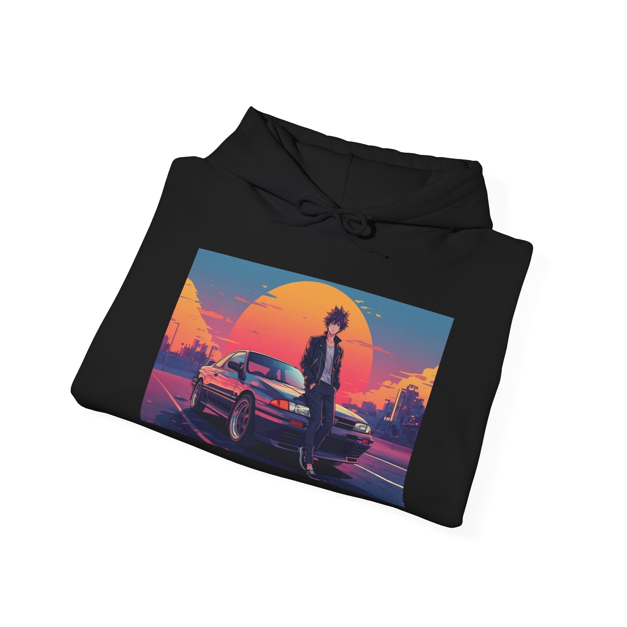 Retro 80s JDM Hoodie — Anime Guy Leaning on Car