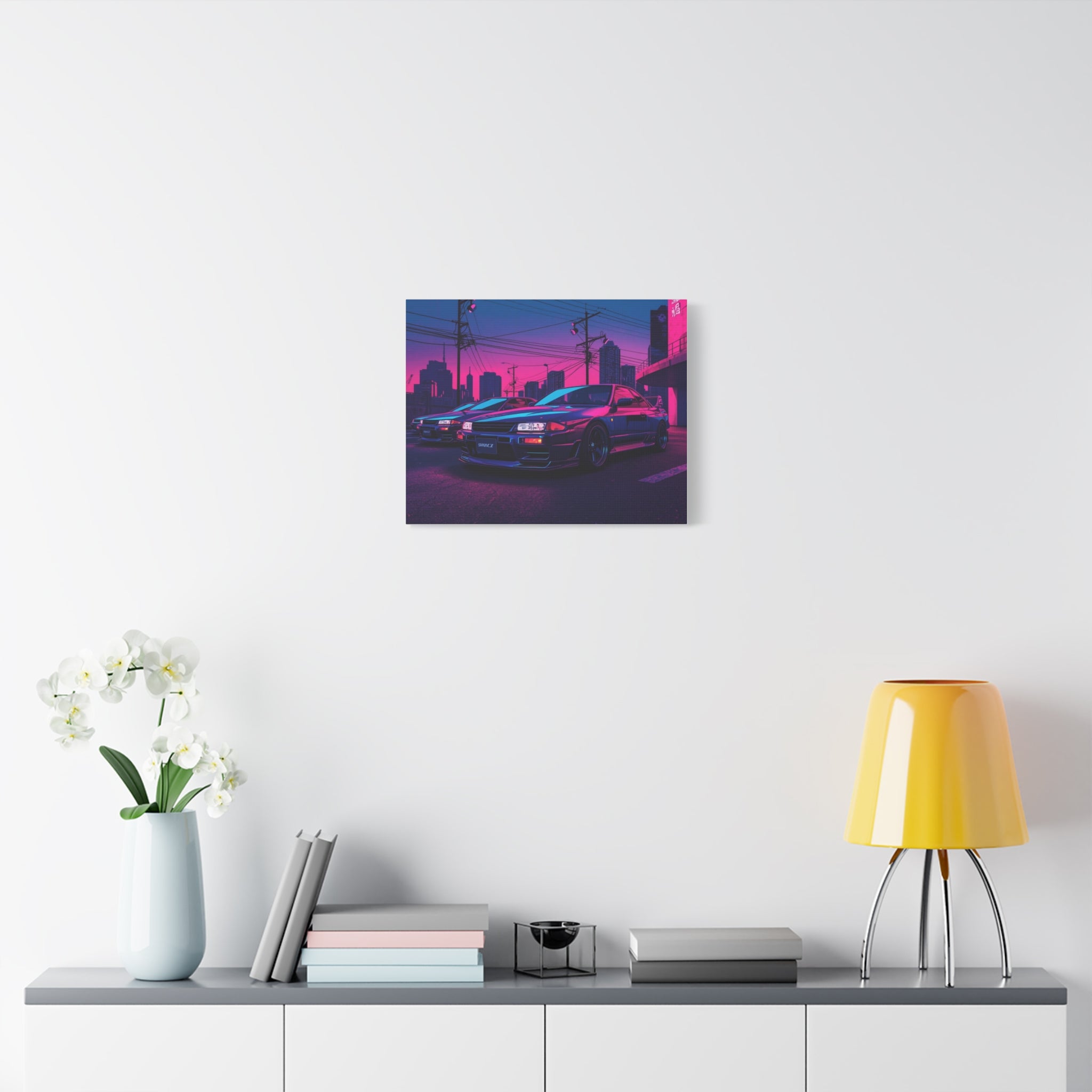 Neon City Skyline Racing Car Matte Canvas Wall Art — Retro Cyberpunk Night Streets