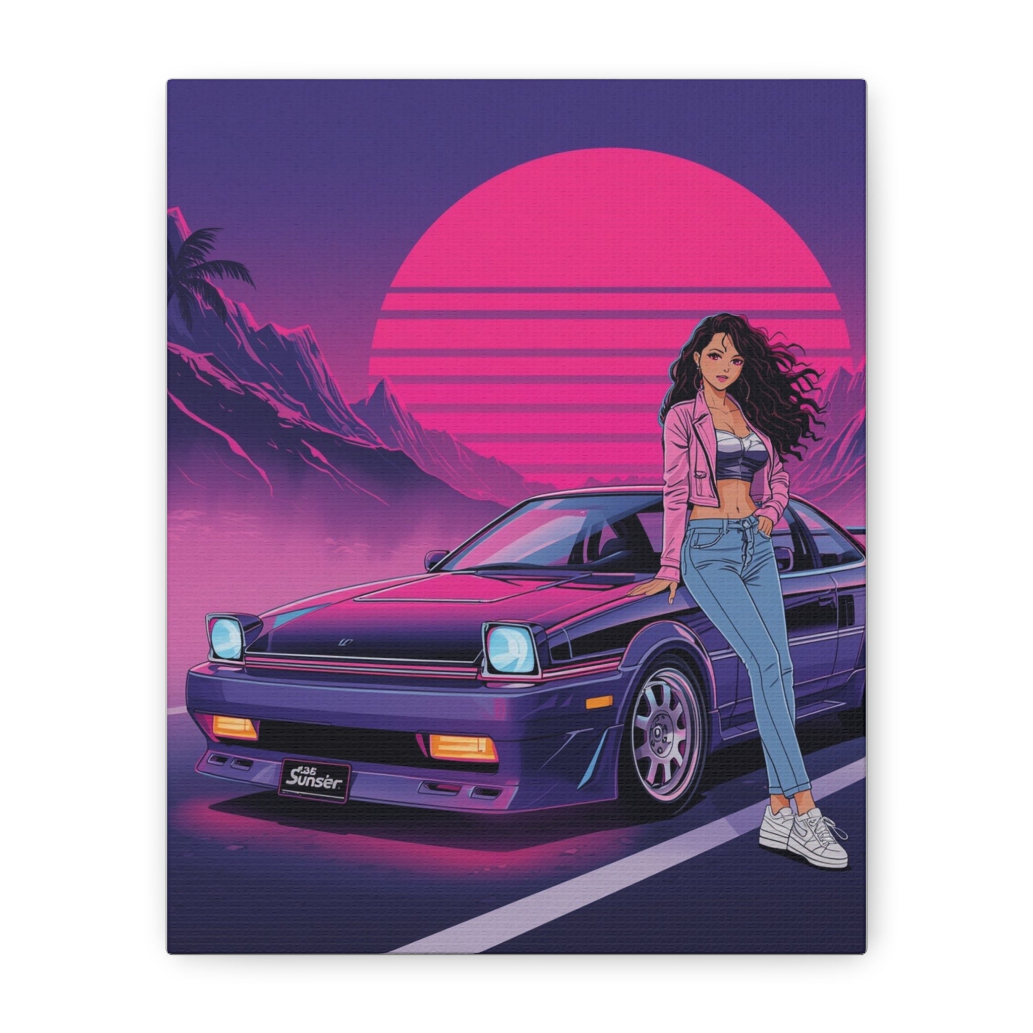 80s Retro Wave JDM Wall Art — Anime Girl Leaning on Car Matte Canvas