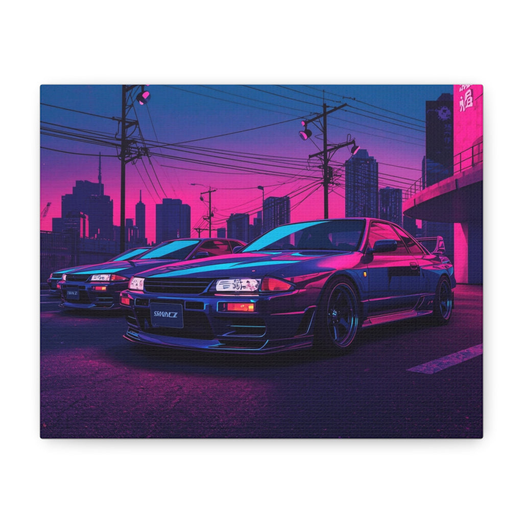Neon City Skyline Racing Car Matte Canvas Wall Art — Retro Cyberpunk Night Streets