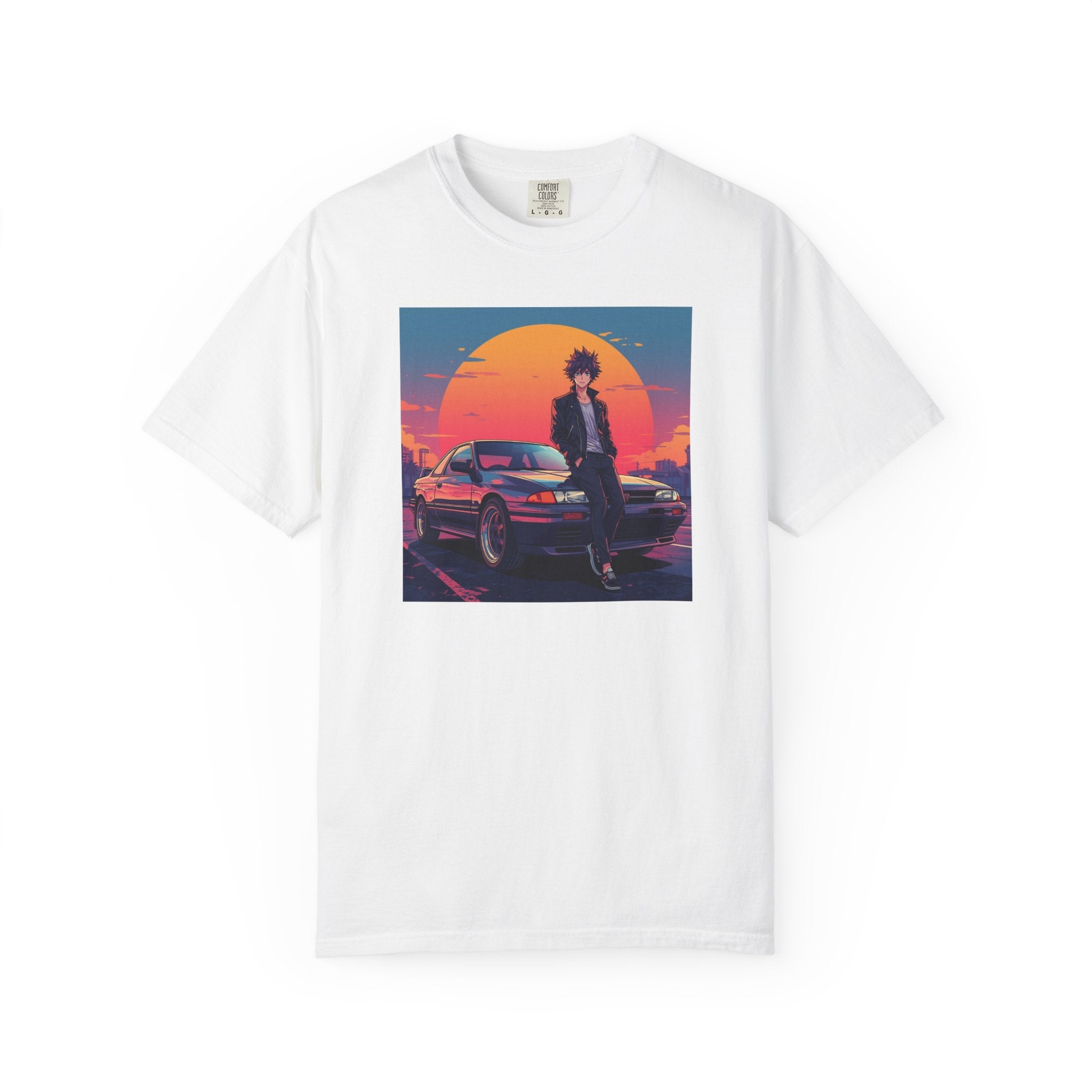 Retro 80s JDM Unisex T-Shirt — Anime Guy Leaning on Car