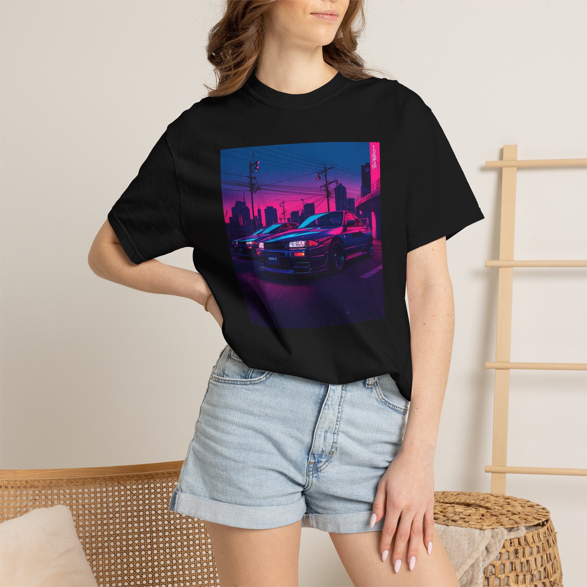 Neon City Skyline Racing Car Unisex T-Shirt | Retro Cyberpunk Night Streets