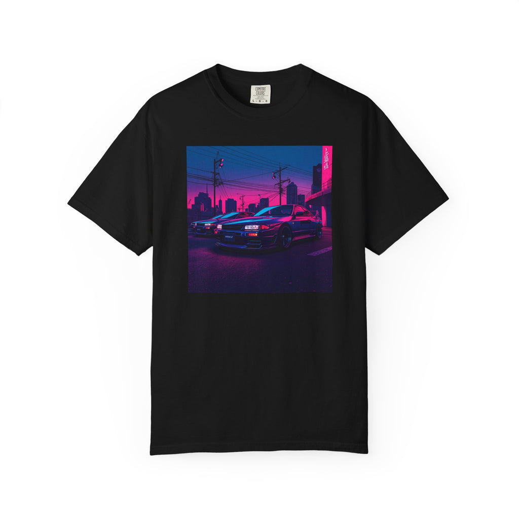 Neon City Skyline Racing Car Unisex T-Shirt | Retro Cyberpunk Night Streets