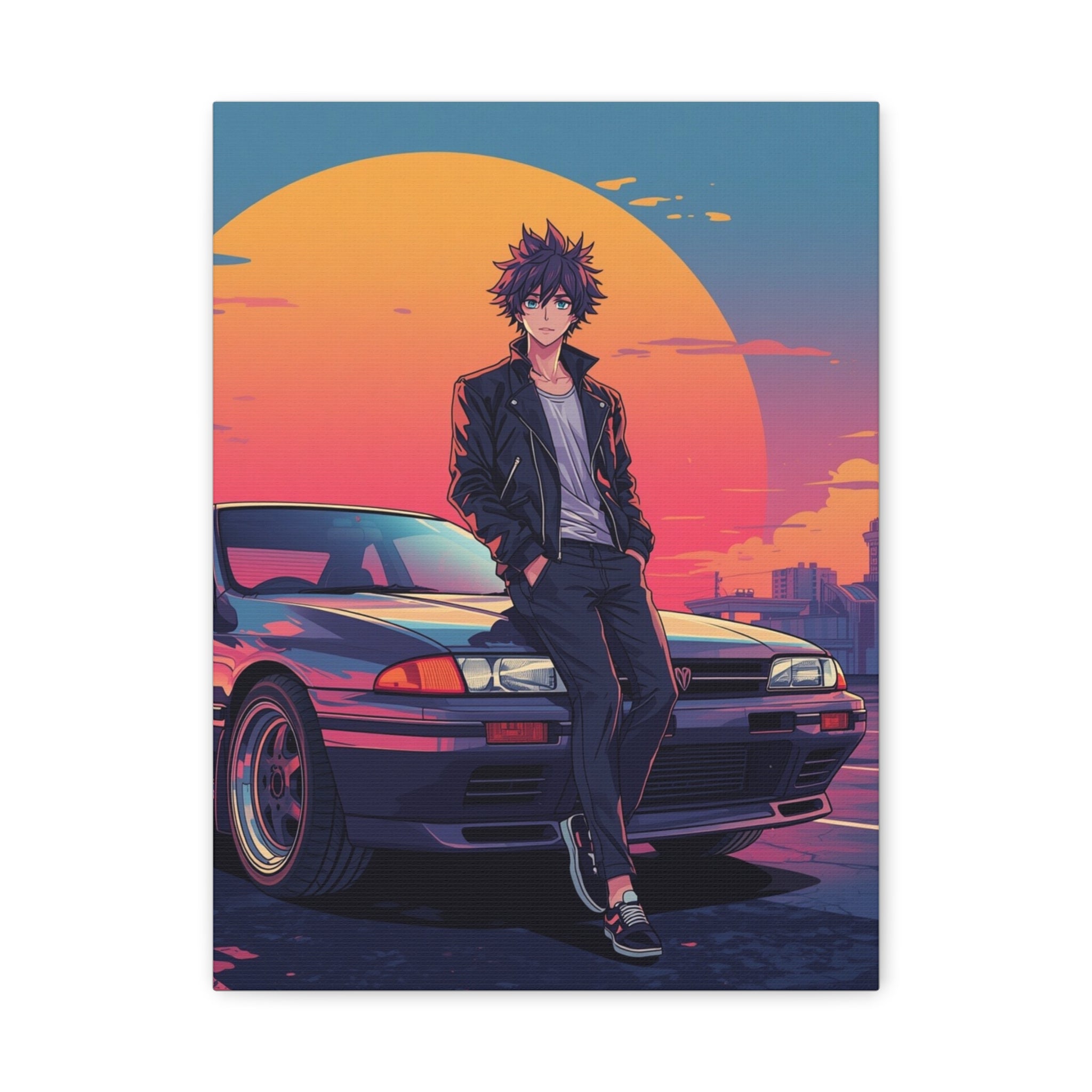 Retro 80s JDM Anime Guy Leaning on Car Matte Canvas Wall Art